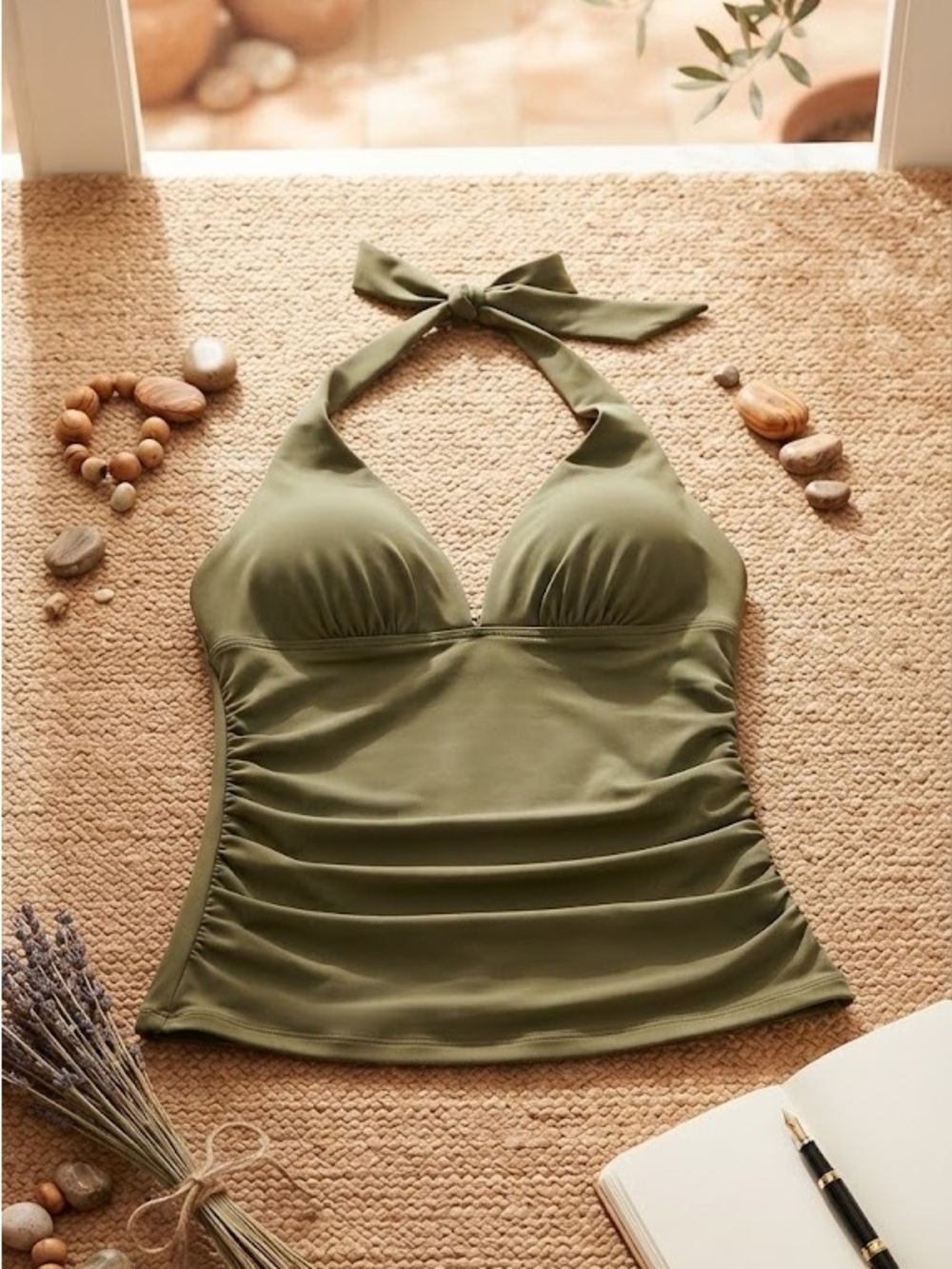 DKNY Olive Green Ruched Halter Tankini Top Women's Size M Swim NWT - Picture 3 of 5